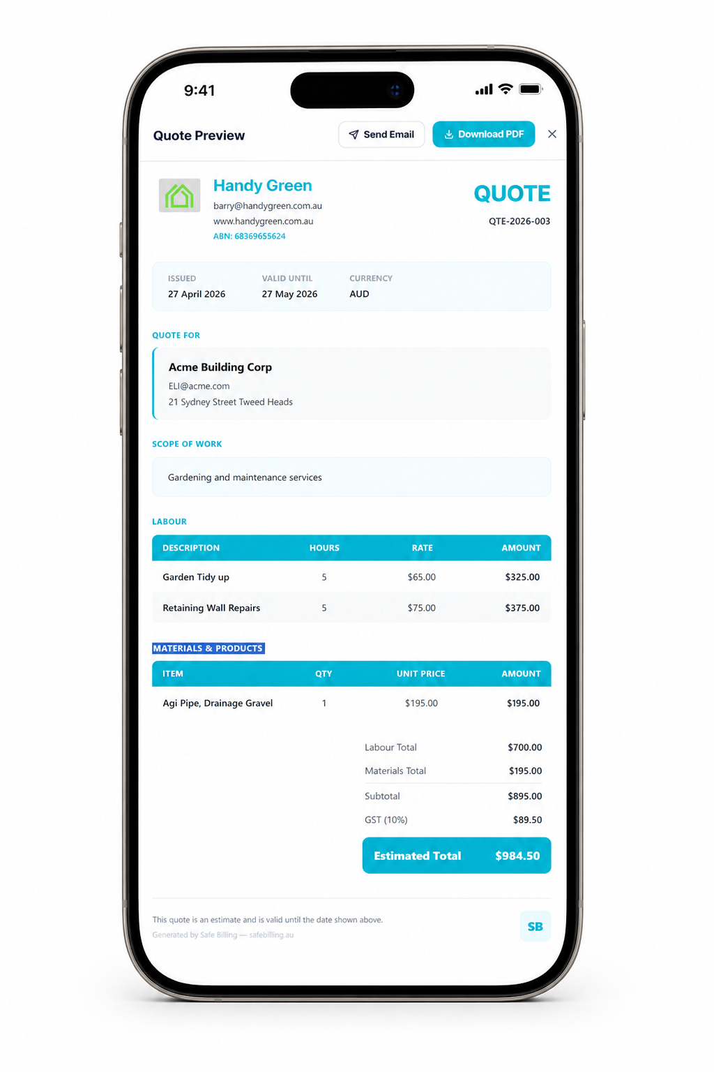 Safe Billing quote preview on a mobile phone